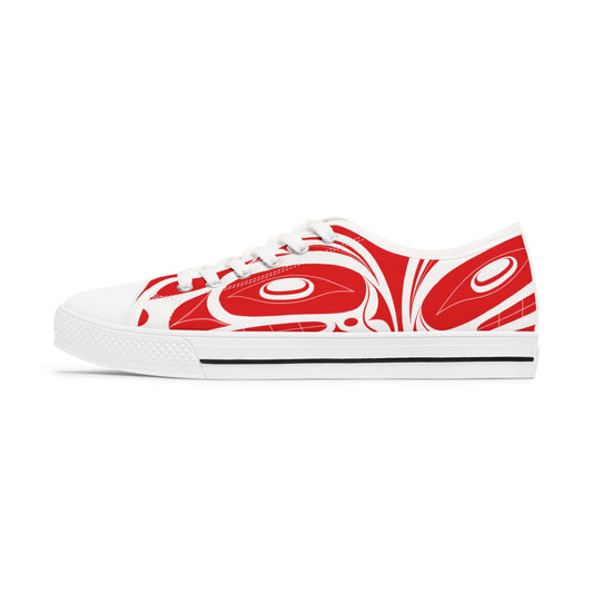 Women's Red Low Top shoes with White Wolf design by Joshua Watts