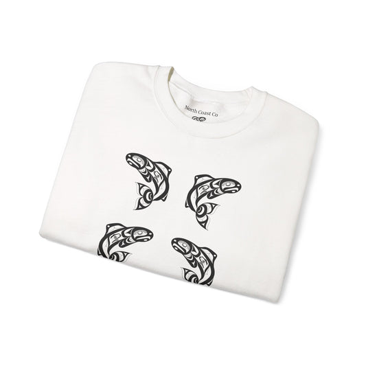 Unisex Crewneck Pullover sweatshirt with Black “Salmon Run” design by Joshua Watts