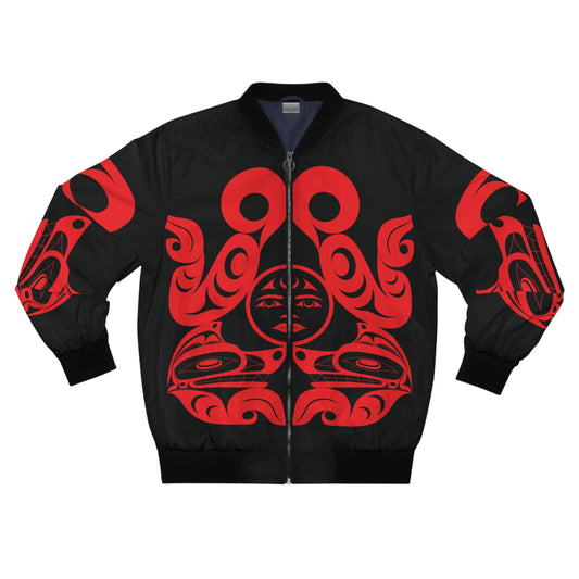 Unisex Bomber Jacket with Red “Tsuu-Baa-Asaxt Wolves” design by Joshua Watts