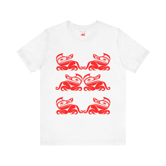 Unisex T-Shirt with red“Twin Wolves” design by Joshua Watts