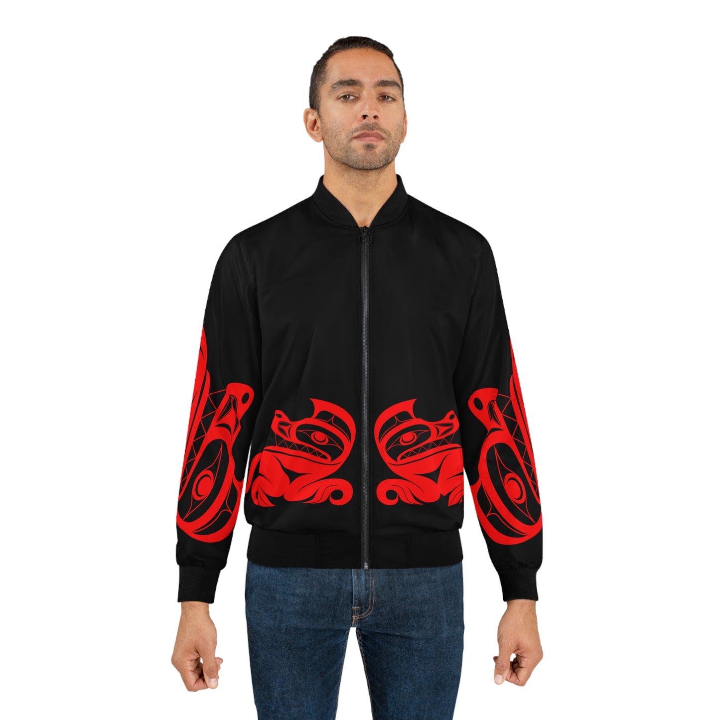 Unisex Bomber Jacket with “Twin red wolves” design by Joshua Watts