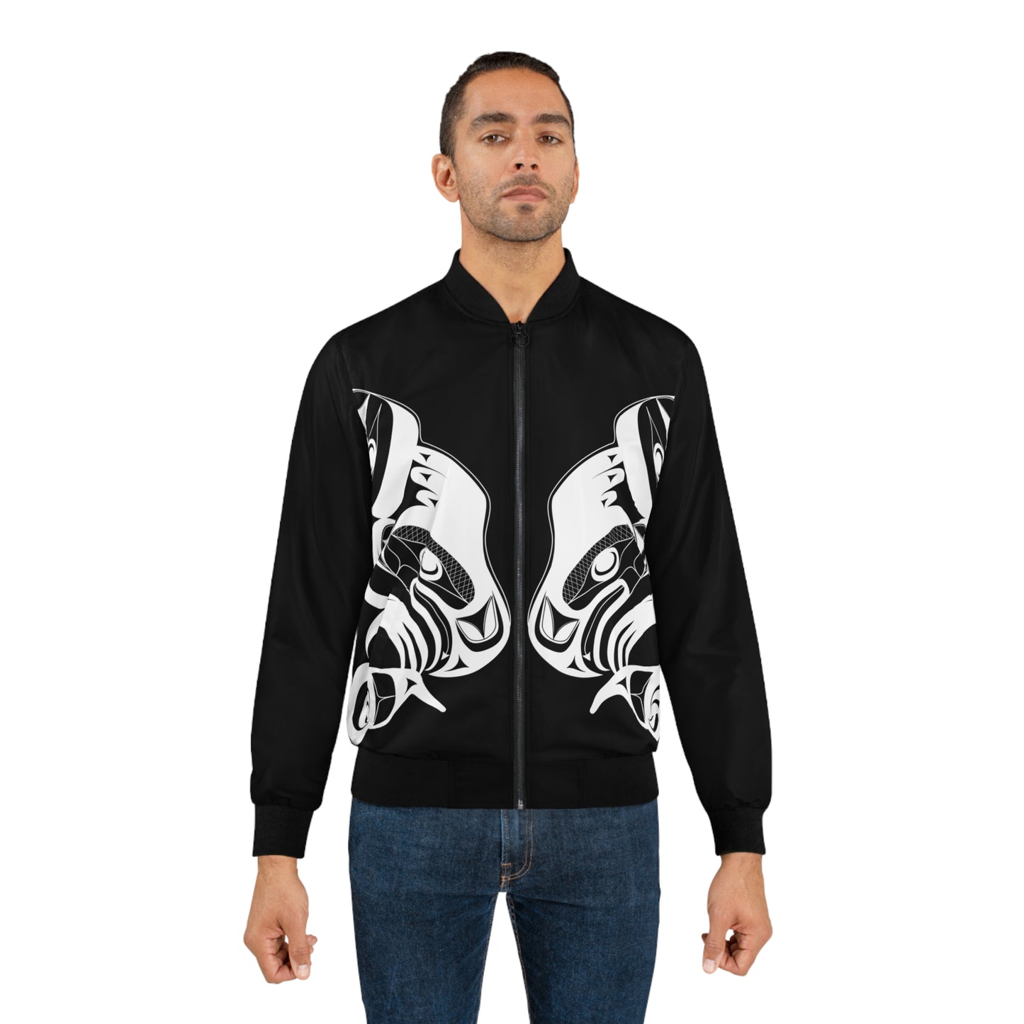Unisex Bomber Jacket with “Whale Hunt” design by Joshua Watts
