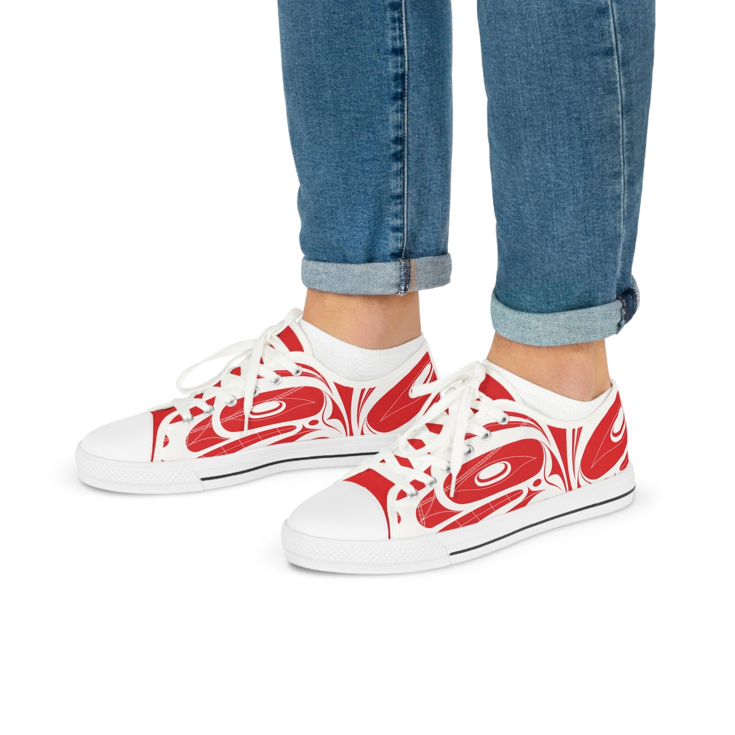 Men's Red Low Top shoes with White Wolf design by Joshua Watts