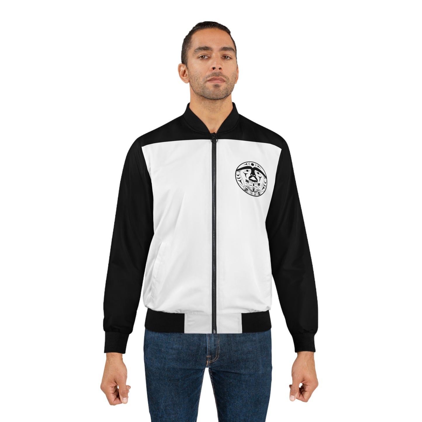 Black and White Unisex Bomber Jacket with Black “Xwechtaal” designed by Joshua Watts