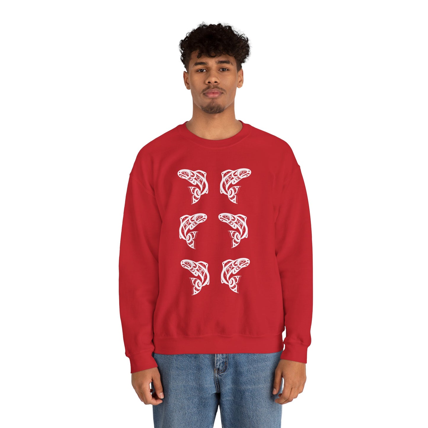 Unisex Crewneck Pullover sweatshirt with White “Salmon Run” design by Joshua Watts