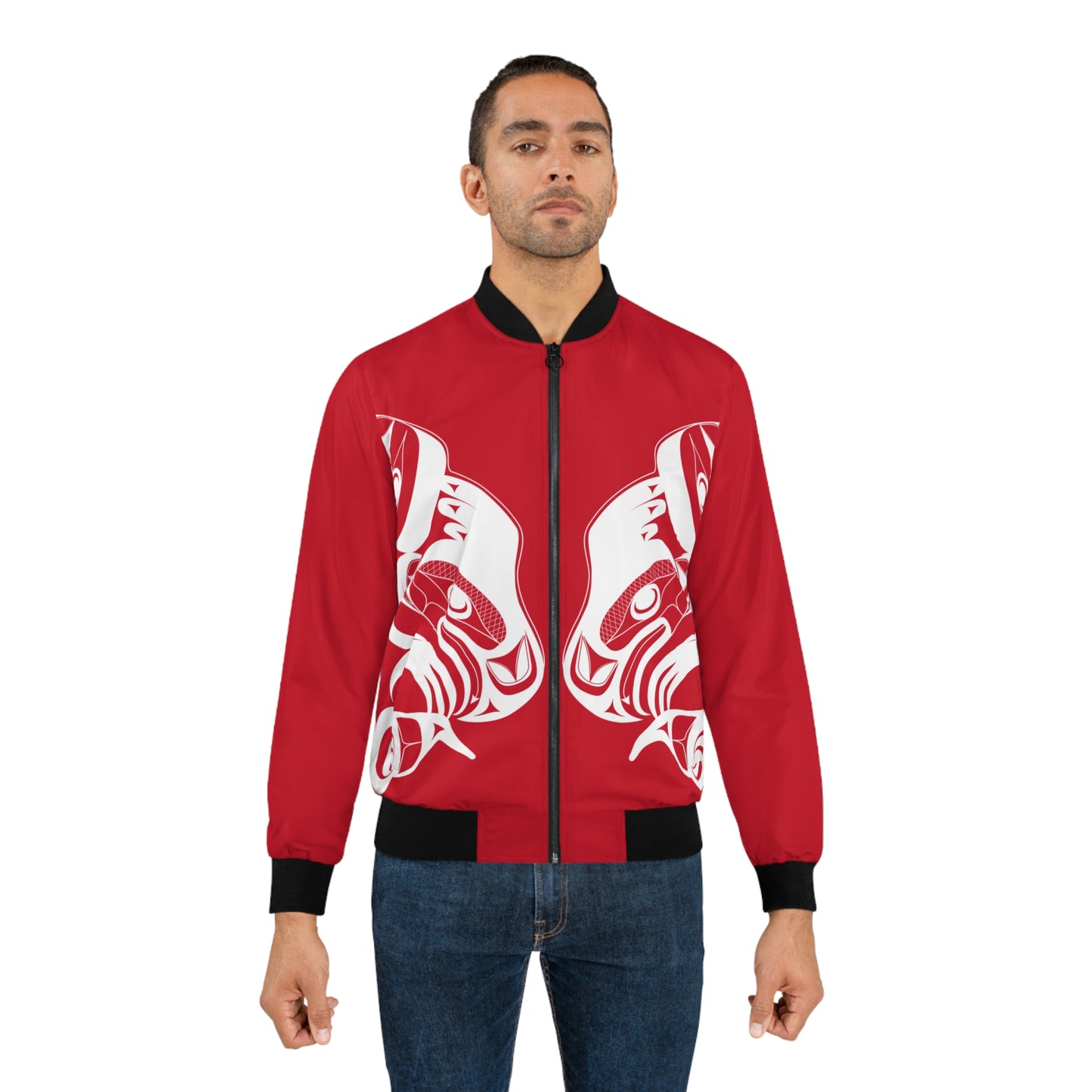 Red Unisex Bomber Jacket with “Whale Hunt” design by Joshua Watts
