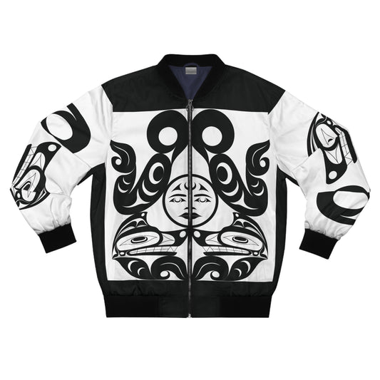 Unisex Bomber Jacket with Black and White “Tsuu-Baa-Asaxt Wolves” design by Joshua Watts