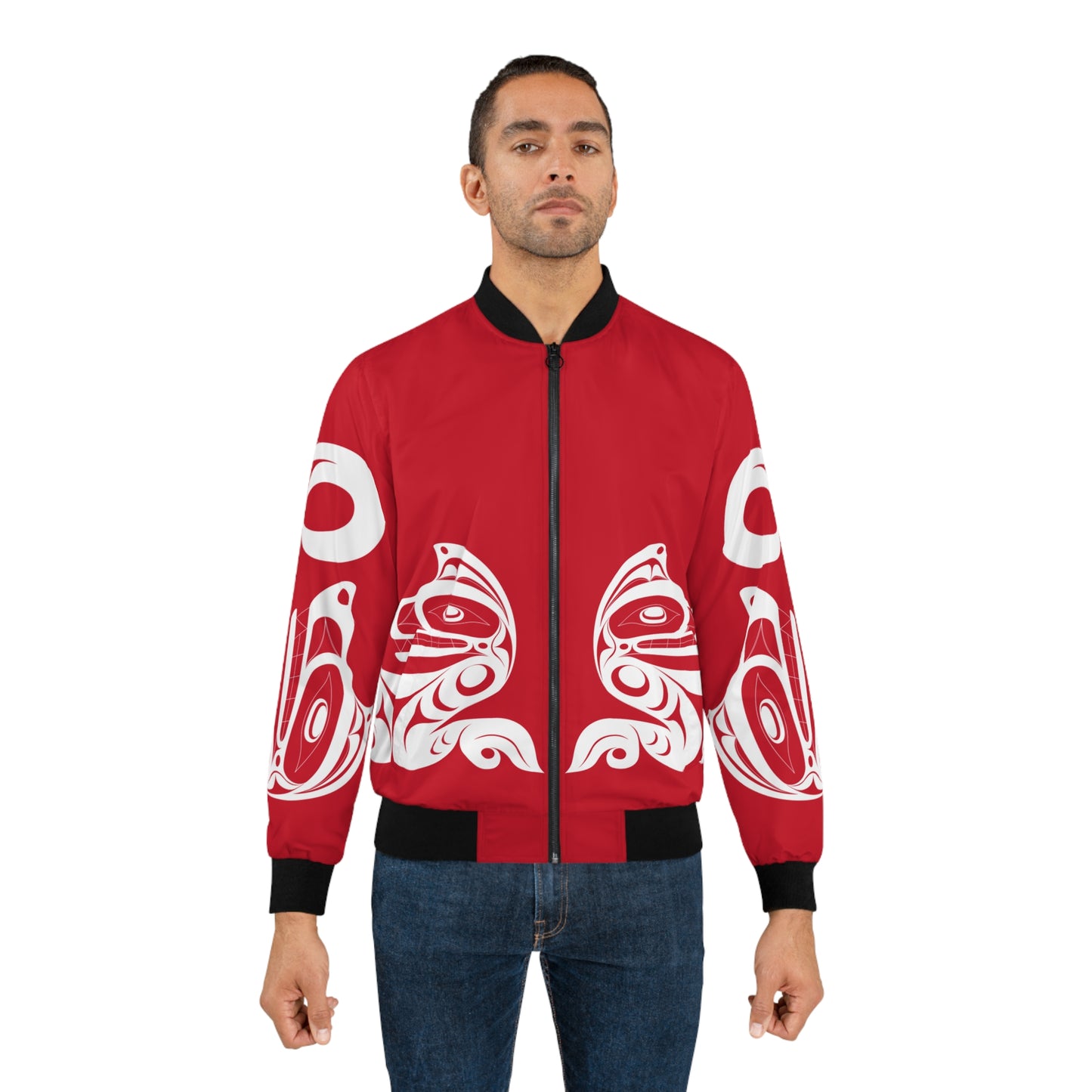 Unisex Red and White Wolf Bomber Jacket designed by Joshua Watts