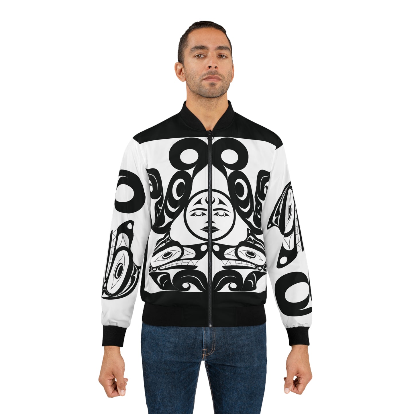Unisex Bomber Jacket with Black and White “Tsuu-Baa-Asaxt Wolves” design by Joshua Watts