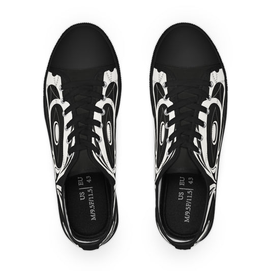 Men's All Black Black Low Top shoes with White Wolf design by Joshua Watts
