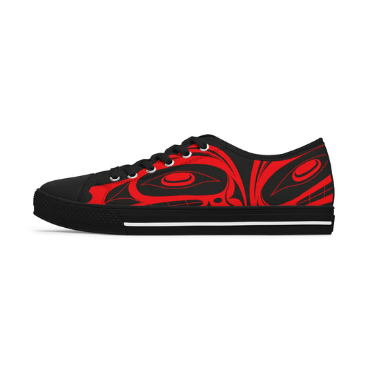Women's All Black Low Top shoes with Red Wolf design by Joshua Watts