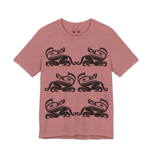 Unisex T-Shirt with black and white “Twin Wolves” design by Joshua Watts