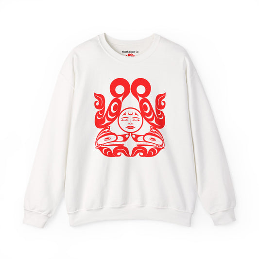 Unisex Crewneck Pullover sweatshirt with Red “Tsuu-Baa-Asaxt Wolves” design by Joshua Watts