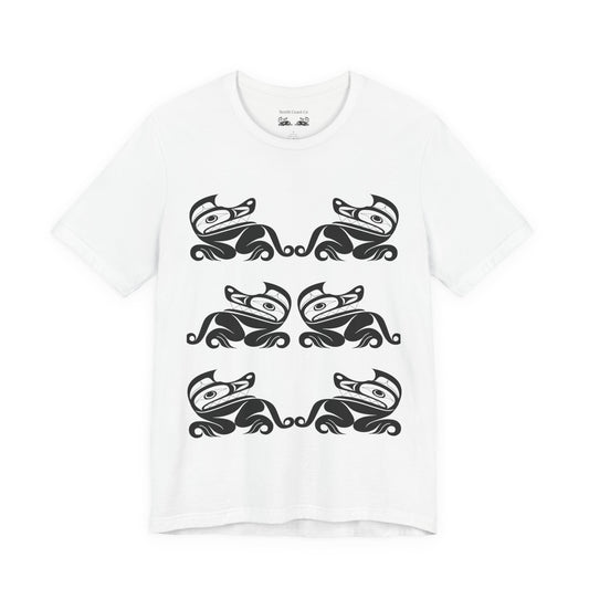 Unisex T-Shirt with black and white “Twin Wolves” design by Joshua Watts