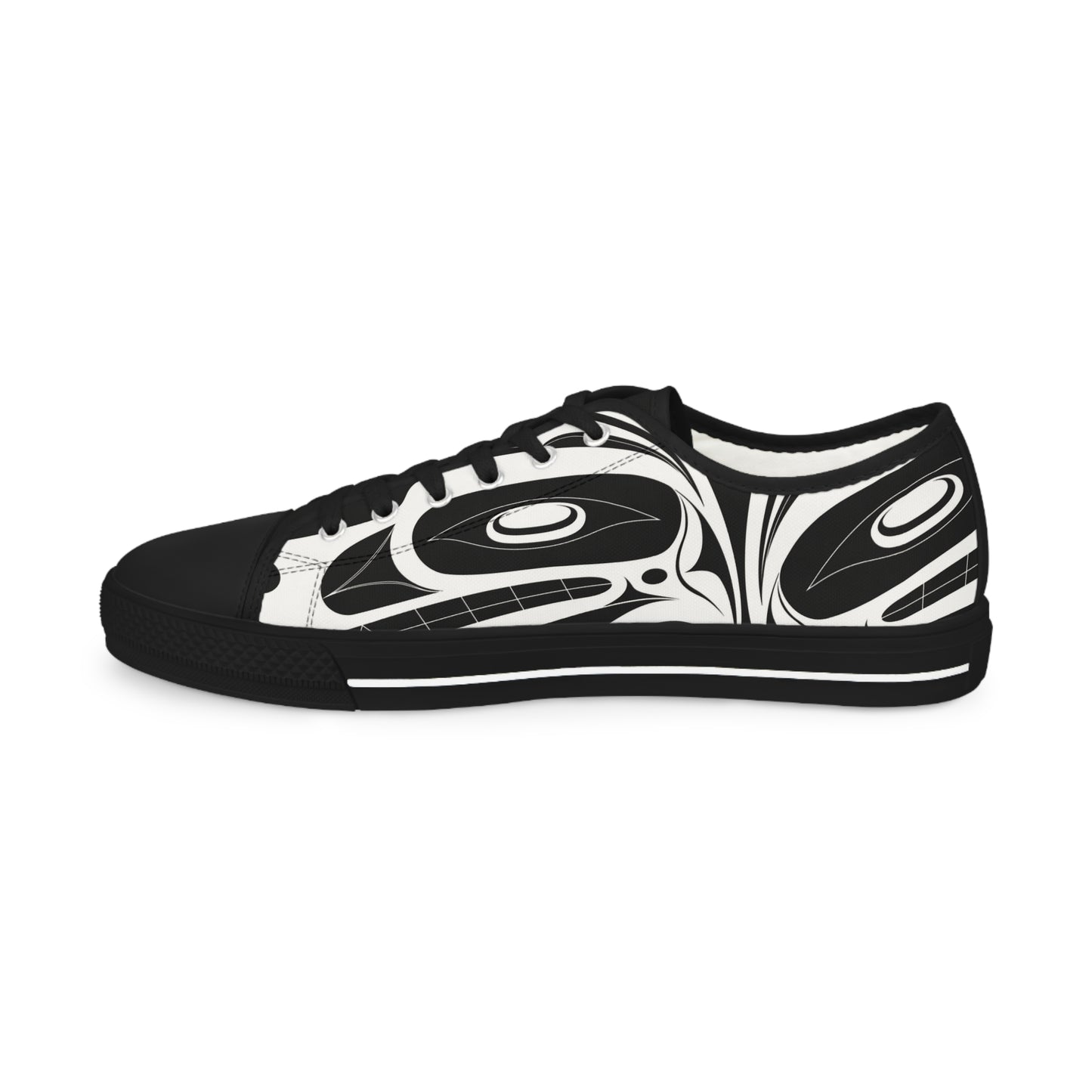 Men's All Black Black Low Top shoes with White Wolf design by Joshua Watts