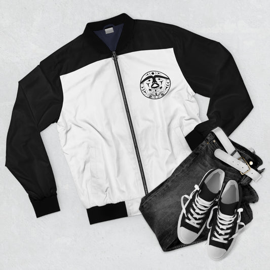 Black and White Unisex Bomber Jacket with Black “Xwechtaal” designed by Joshua Watts