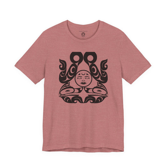Unisex T-Shirt with black and white “Tsuu-Baa-Asaxt wolves” design by Joshua Watts