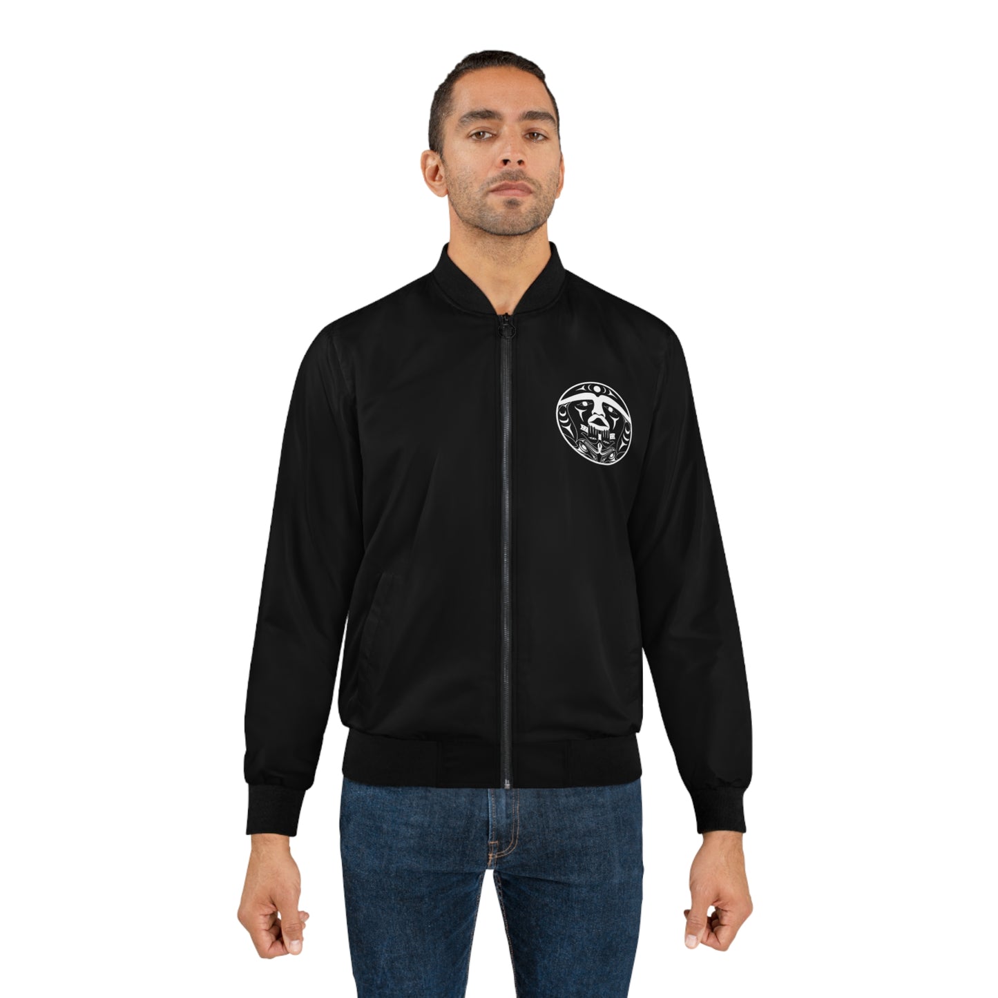 Black Unisex Bomber Jacket with White “Xwechtaal” designed by Joshua Watts