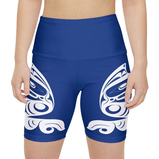 Blue Biker Shorts with White Wolf design by Joshua Watts