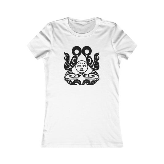 Women’s fit T-Shirt with black and white “Tsuu-Baa-Asaxt Wolves” design by Joshua Watts