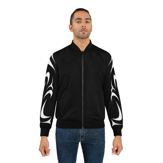 Black Unisex Bomber Jacket with White Thunderbird design by Joshua Watts