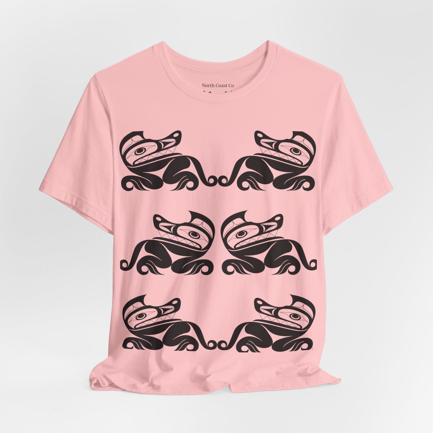 Unisex T-Shirt with black and white “Twin Wolves” design by Joshua Watts