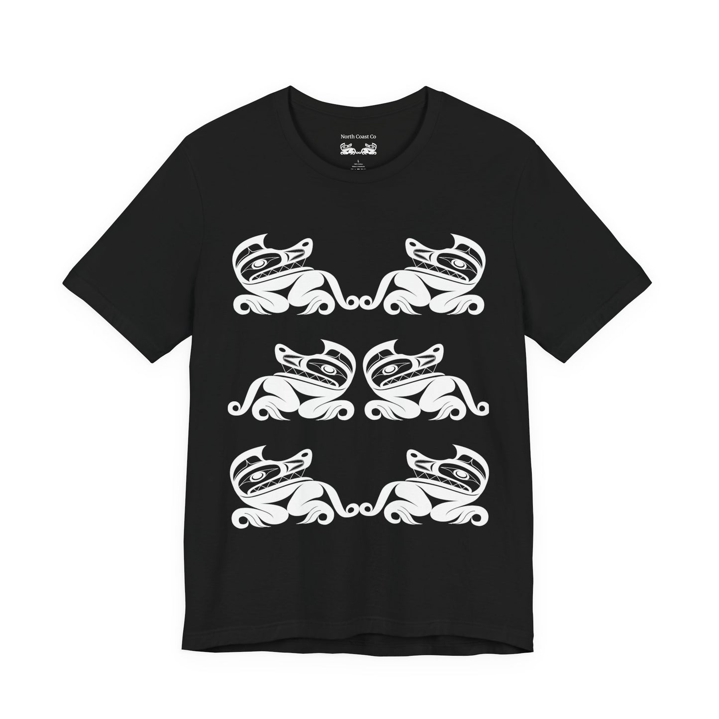 Unisex T-Shirt with black and white “Twin Wolves” design by Joshua Watts