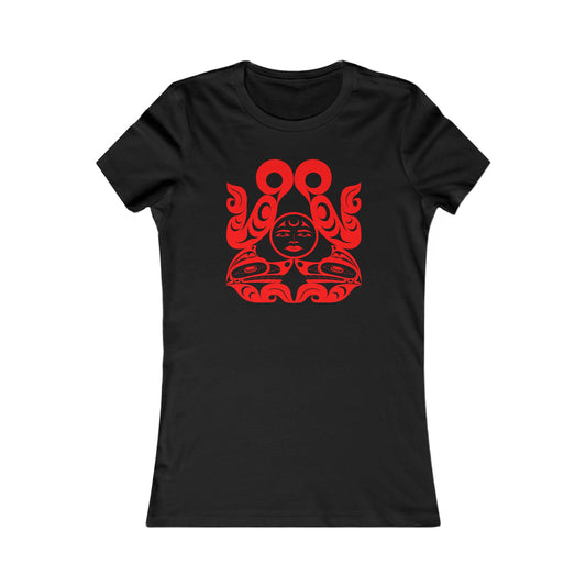 Women’s fit T-Shirt with red “Tsuu-Baa-Asaxt Wolves” design by Joshua Watts