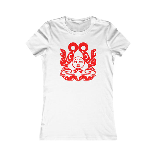 Women’s fit T-Shirt with red “Tsuu-Baa-Asaxt Wolves” design by Joshua Watts