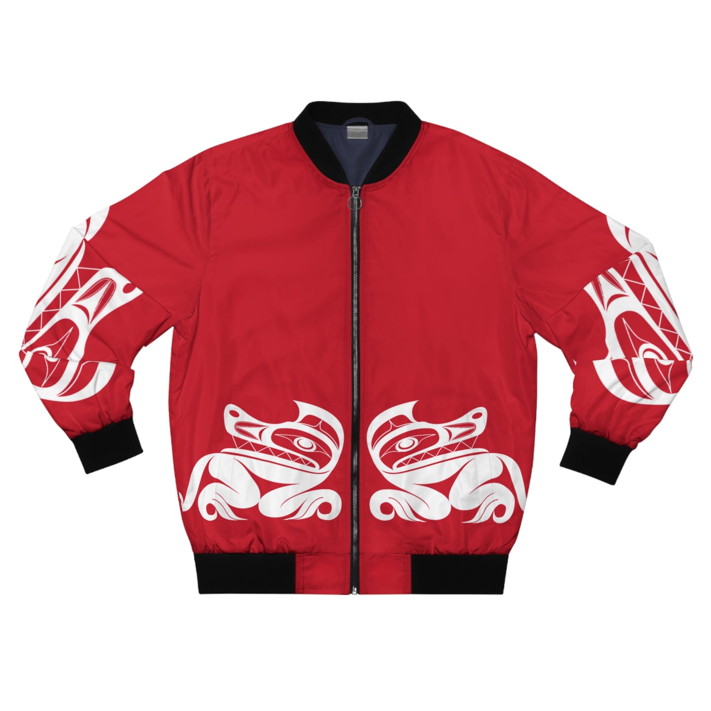 Red Unisex Bomber Jacket with White “Twin wolves” design by Joshua Watts