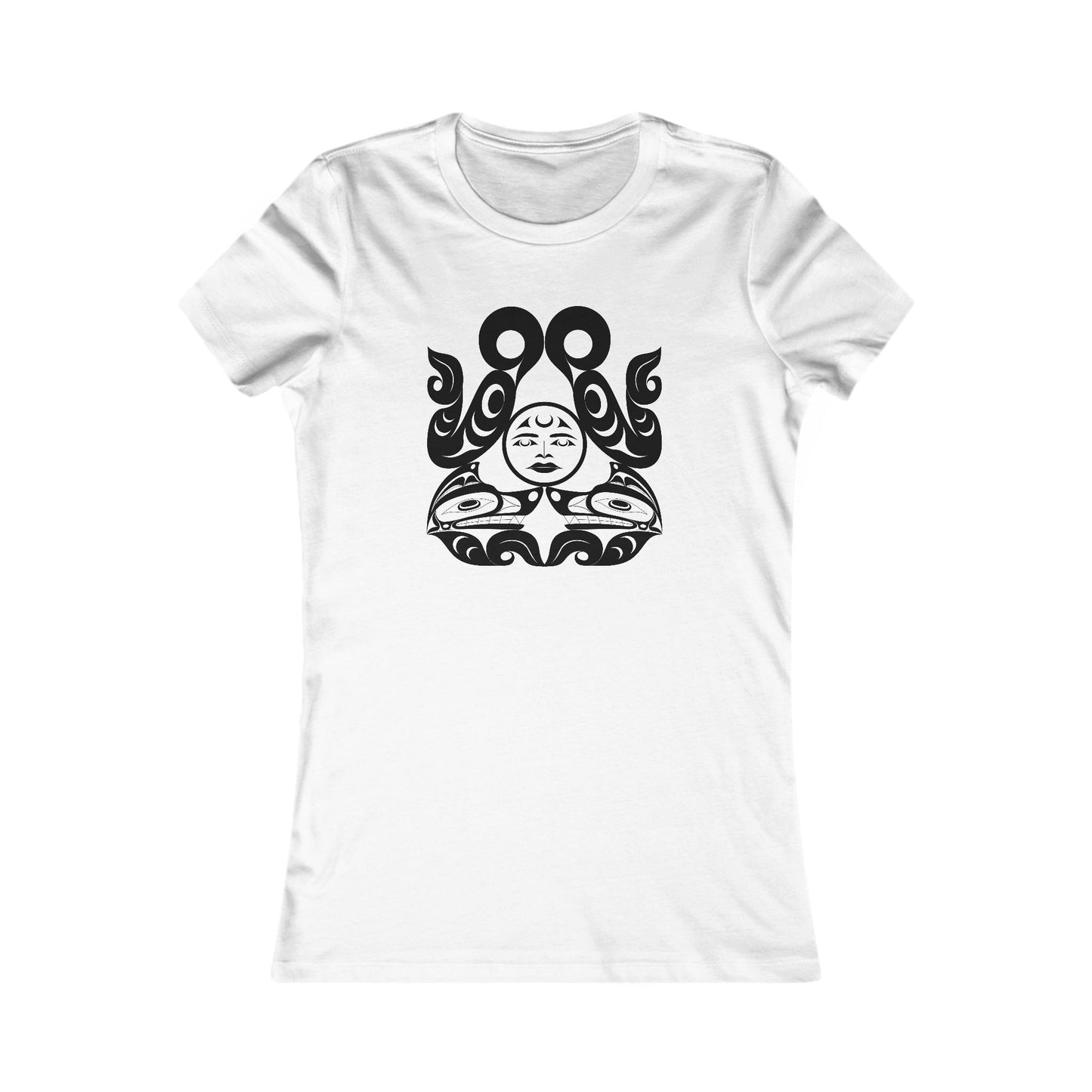Women’s fit T-Shirt with black and white “Tsuu-Baa-Asaxt Wolves” design by Joshua Watts