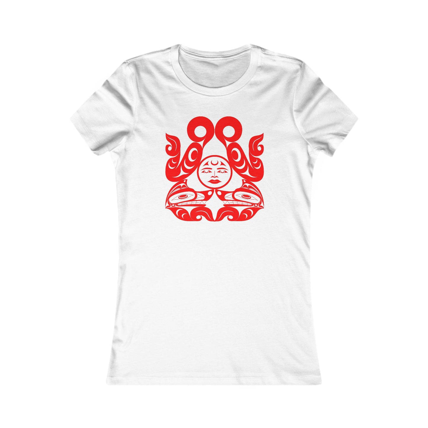 Women’s fit T-Shirt with red “Tsuu-Baa-Asaxt Wolves” design by Joshua Watts