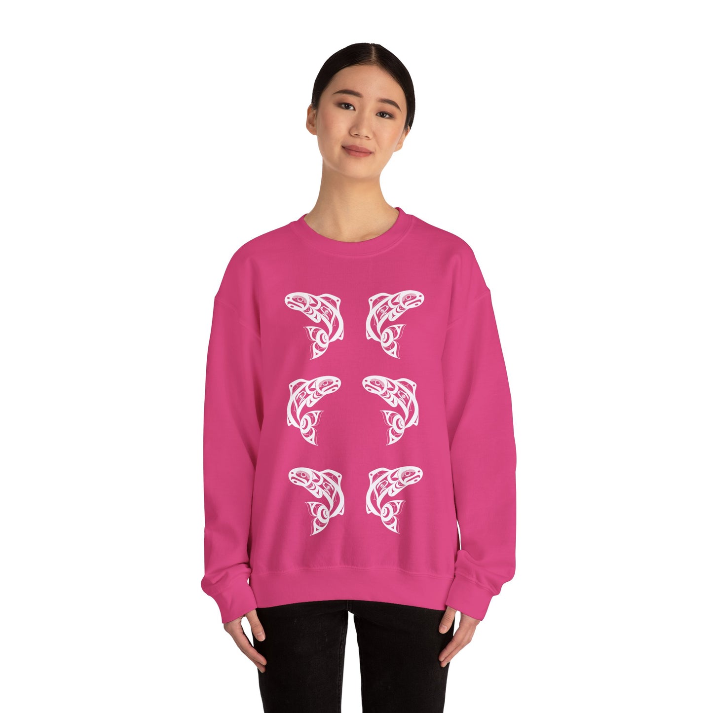 Unisex Crewneck Pullover sweatshirt with White “Salmon Run” design by Joshua Watts