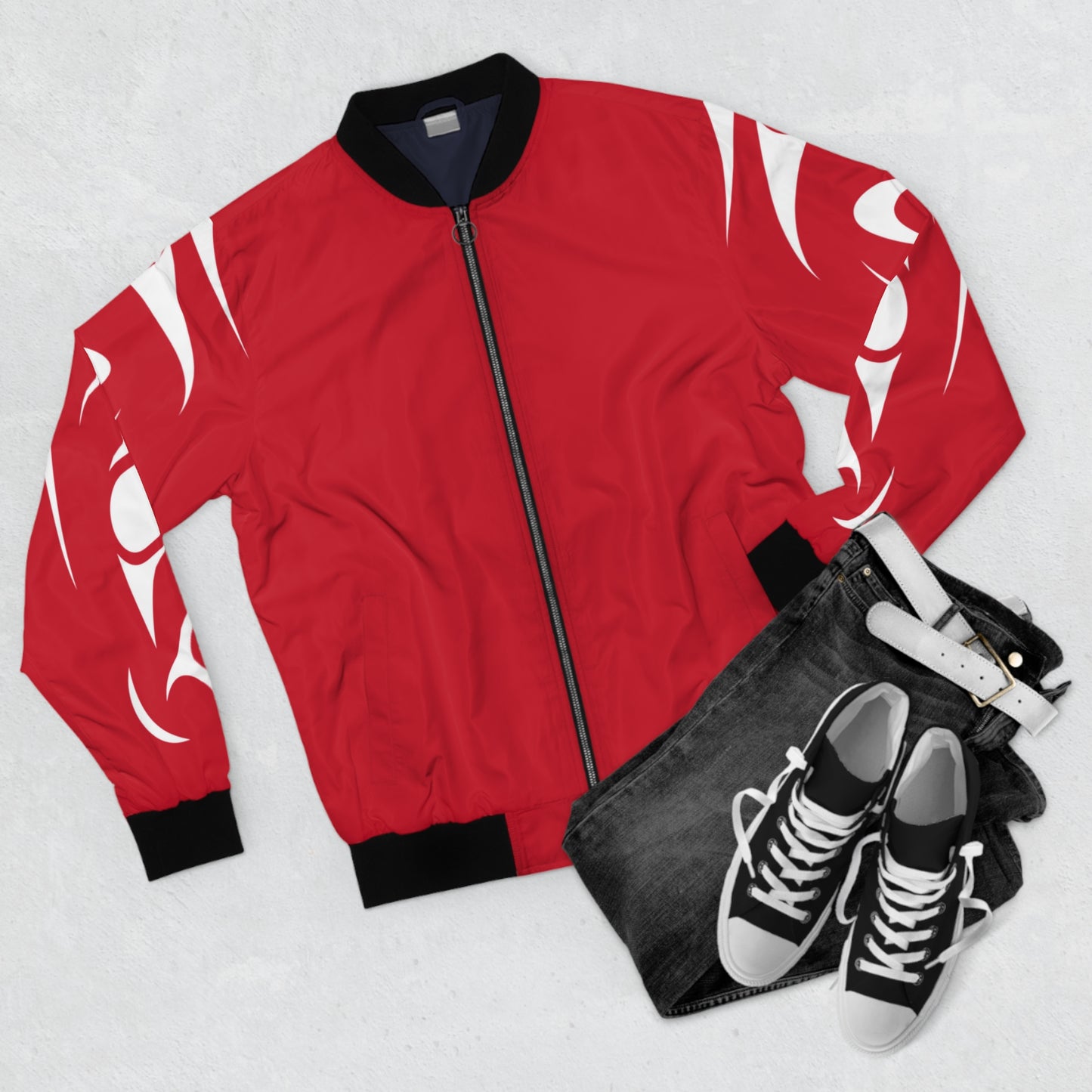 Red Unisex Bomber Jacket with White Thunderbird design by Joshua Watts