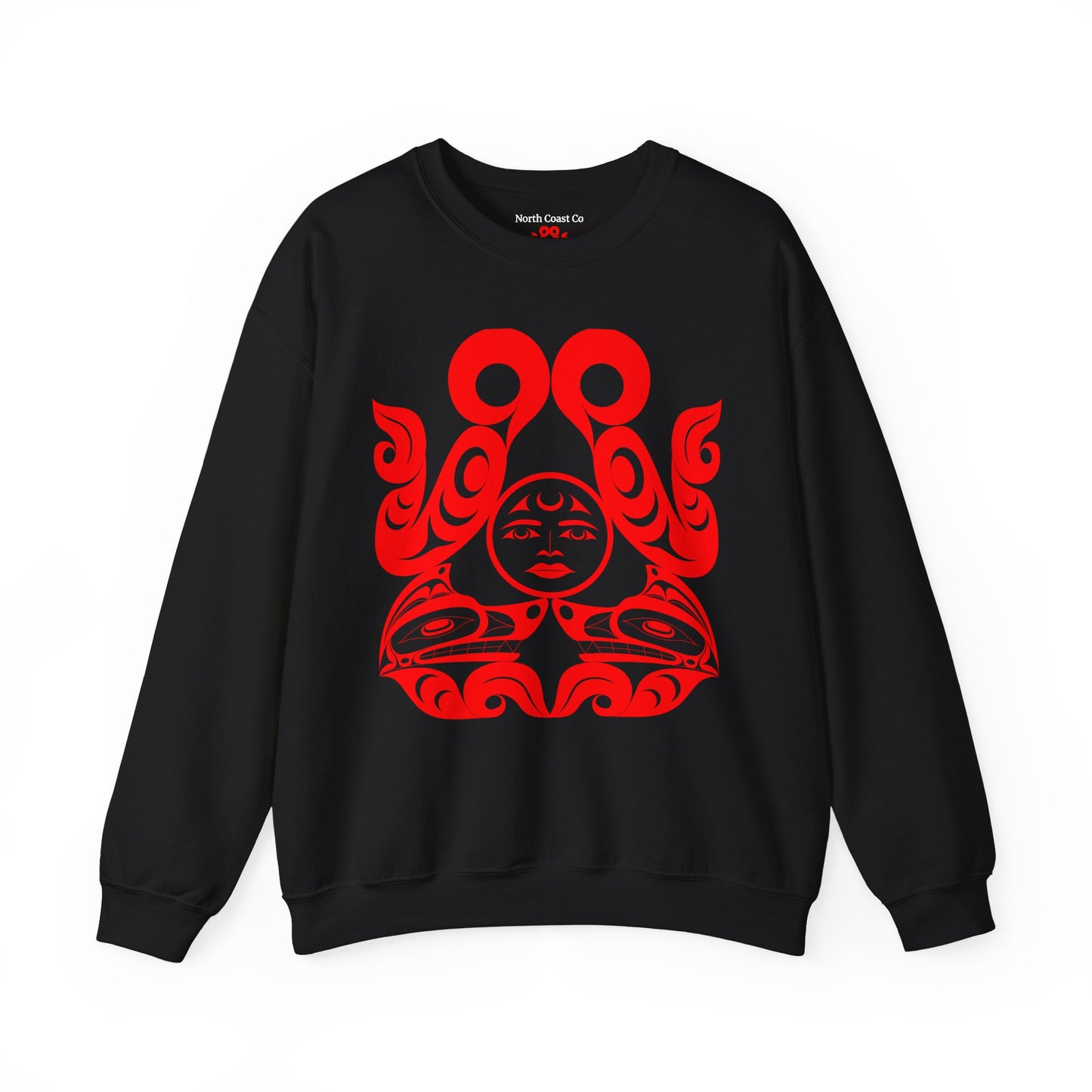 Unisex Crewneck Pullover sweatshirt with Red “Tsuu-Baa-Asaxt Wolves” design by Joshua Watts