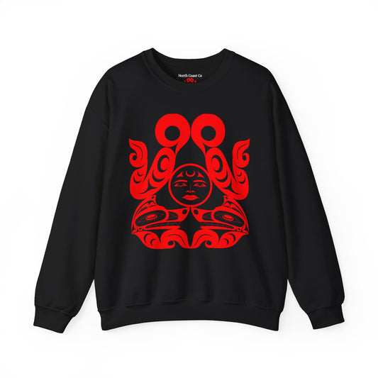 Unisex Crewneck Pullover sweatshirt with Red “Tsuu-Baa-Asaxt Wolves” design by Joshua Watts