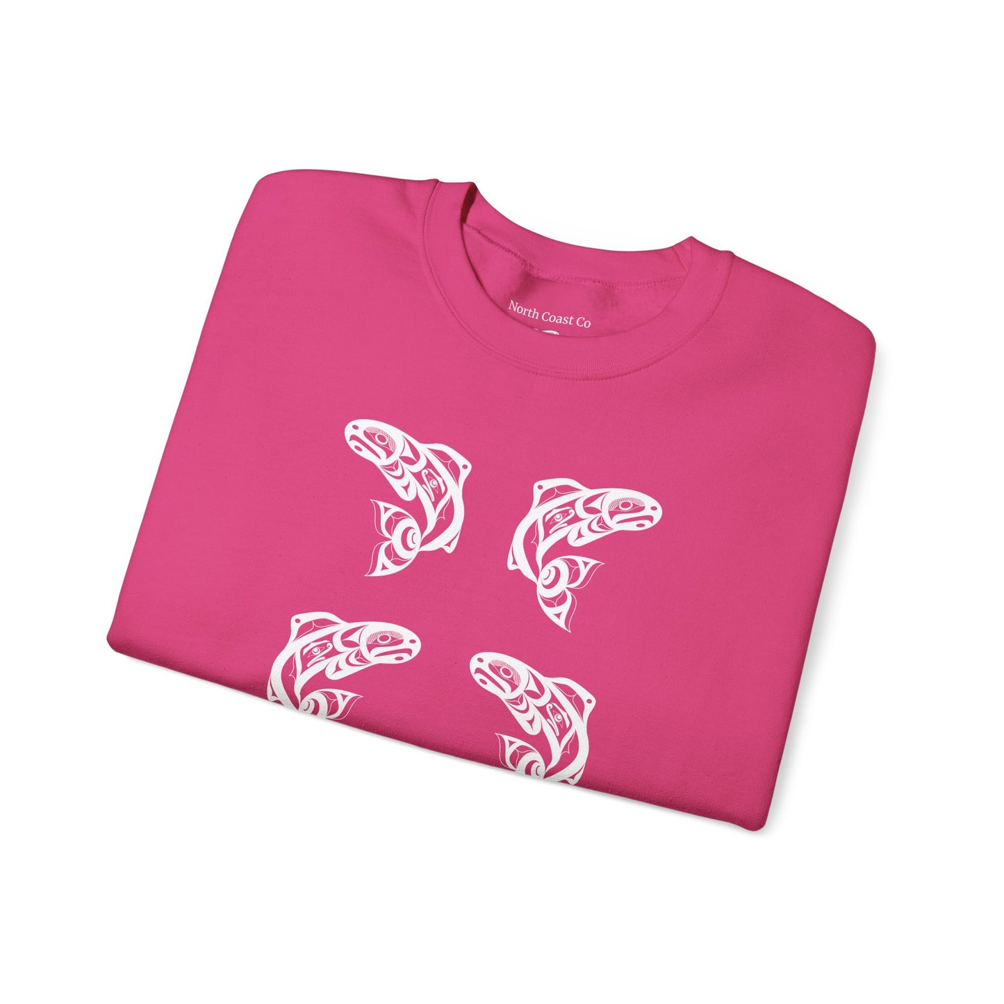 Unisex Crewneck Pullover sweatshirt with White “Salmon Run” design by Joshua Watts