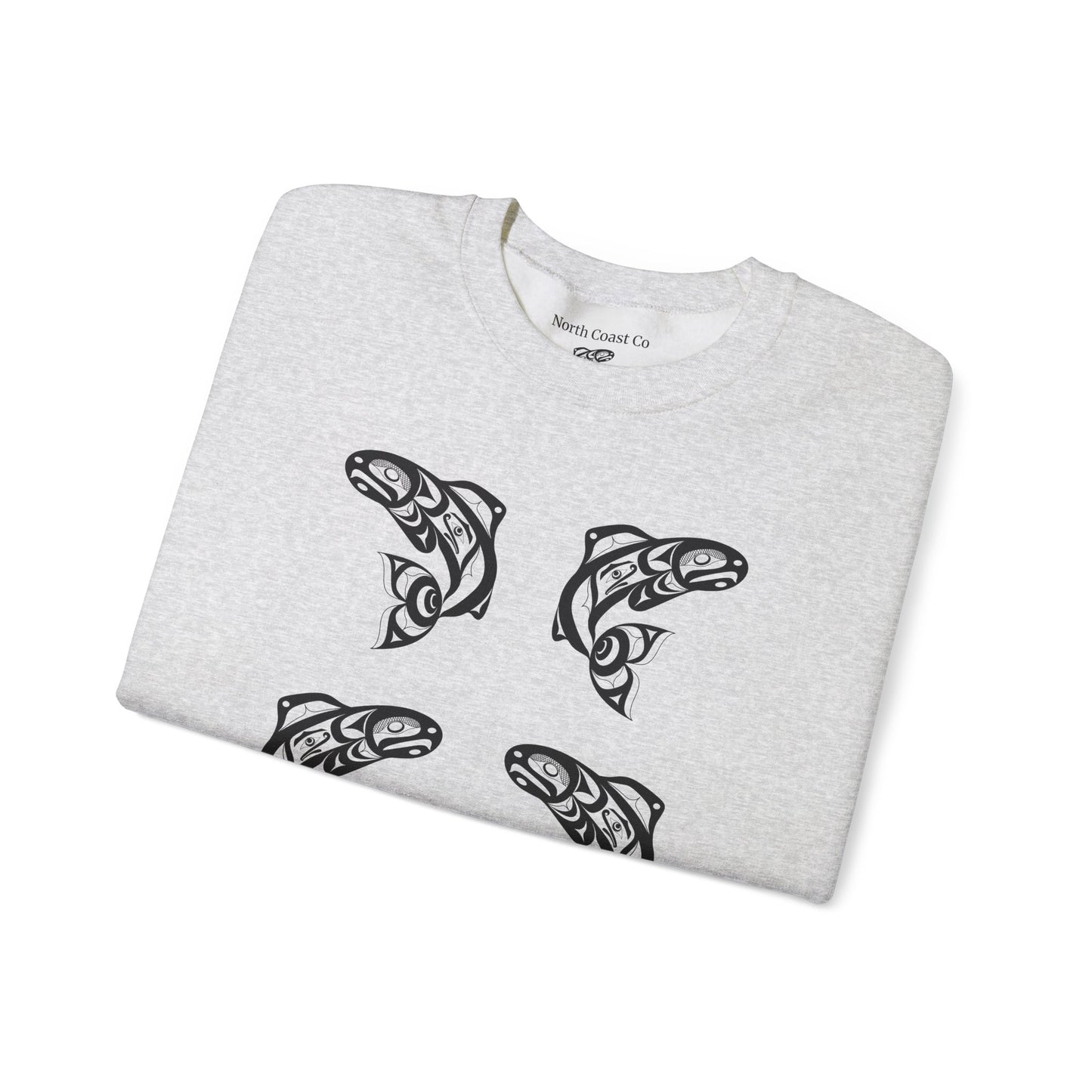 Unisex Crewneck Pullover sweatshirt with Black “Salmon Run” design by Joshua Watts