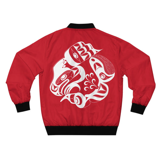 Red Unisex Bomber Jacket with “Whale Hunt” design by Joshua Watts