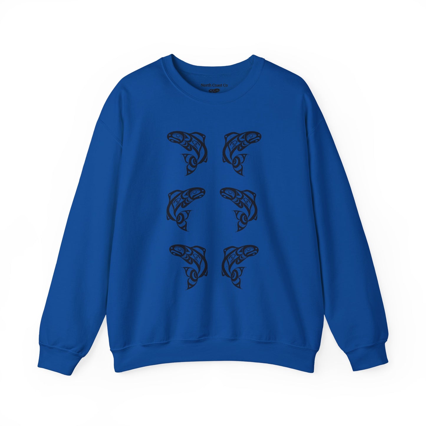 Unisex Crewneck Pullover sweatshirt with Black “Salmon Run” design by Joshua Watts