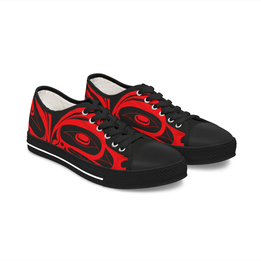 Women's All Black Low Top shoes with Red Wolf design by Joshua Watts