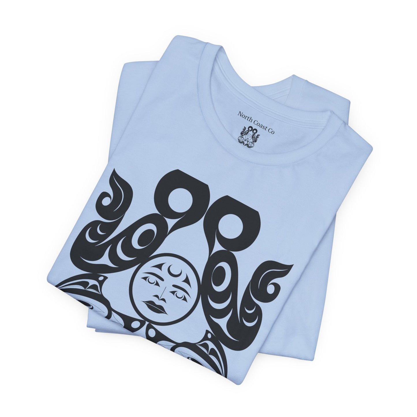 Unisex T-Shirt with black and white “Tsuu-Baa-Asaxt wolves” design by Joshua Watts
