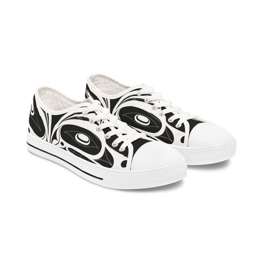 Women's Black and White Low Top shoes with White Wolf design by Joshua Watts