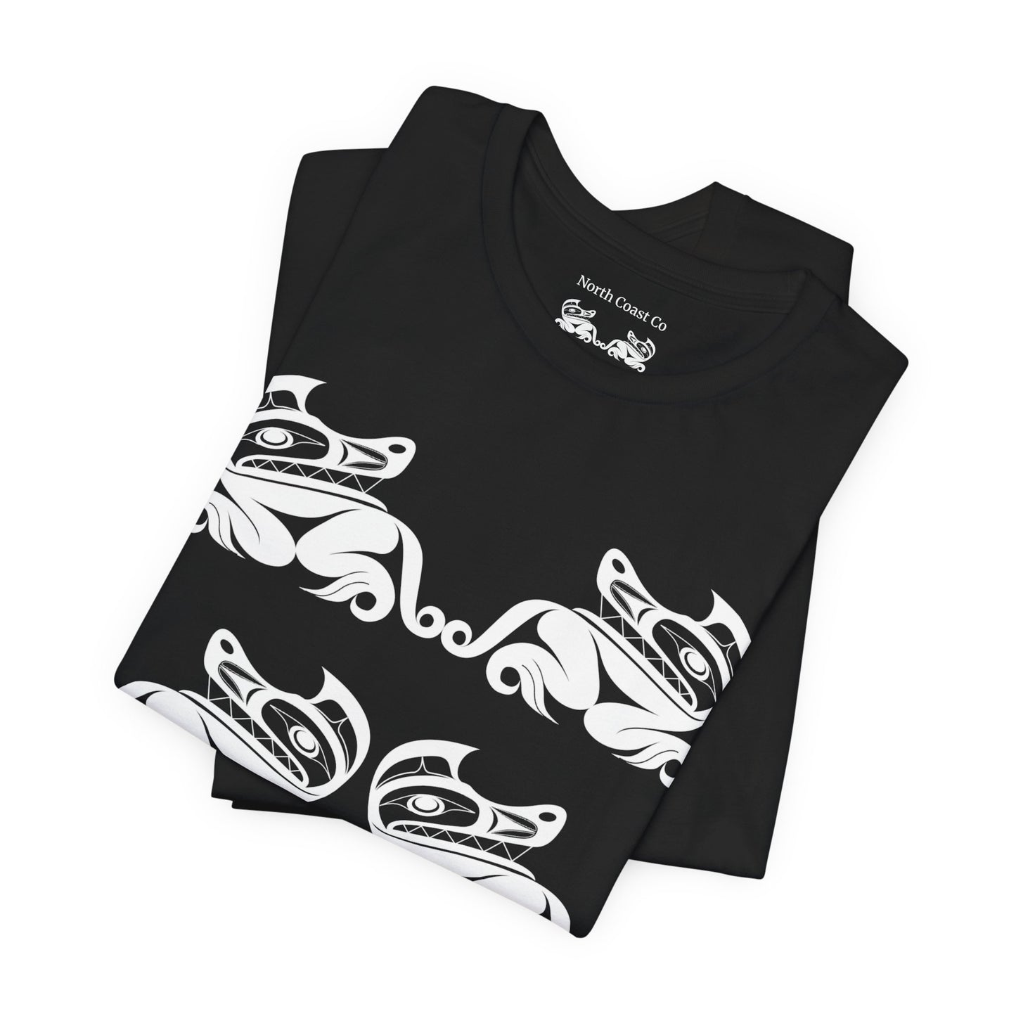 Unisex T-Shirt with black and white “Twin Wolves” design by Joshua Watts