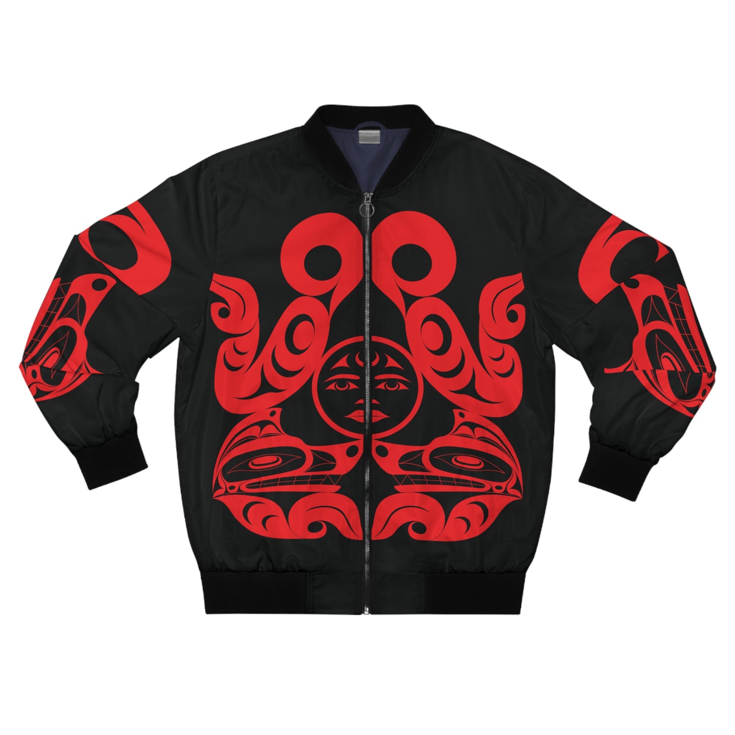Unisex Bomber Jacket with Red “Tsuu-Baa-Asaxt Wolves” design by Joshua Watts