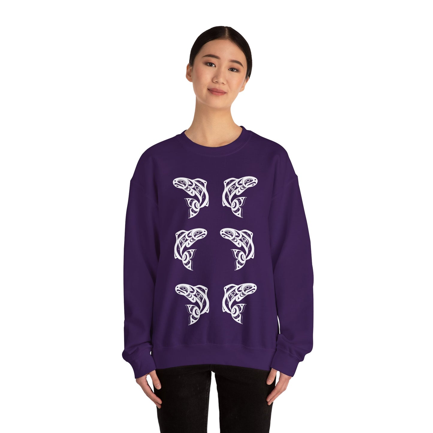 Unisex Crewneck Pullover sweatshirt with White “Salmon Run” design by Joshua Watts