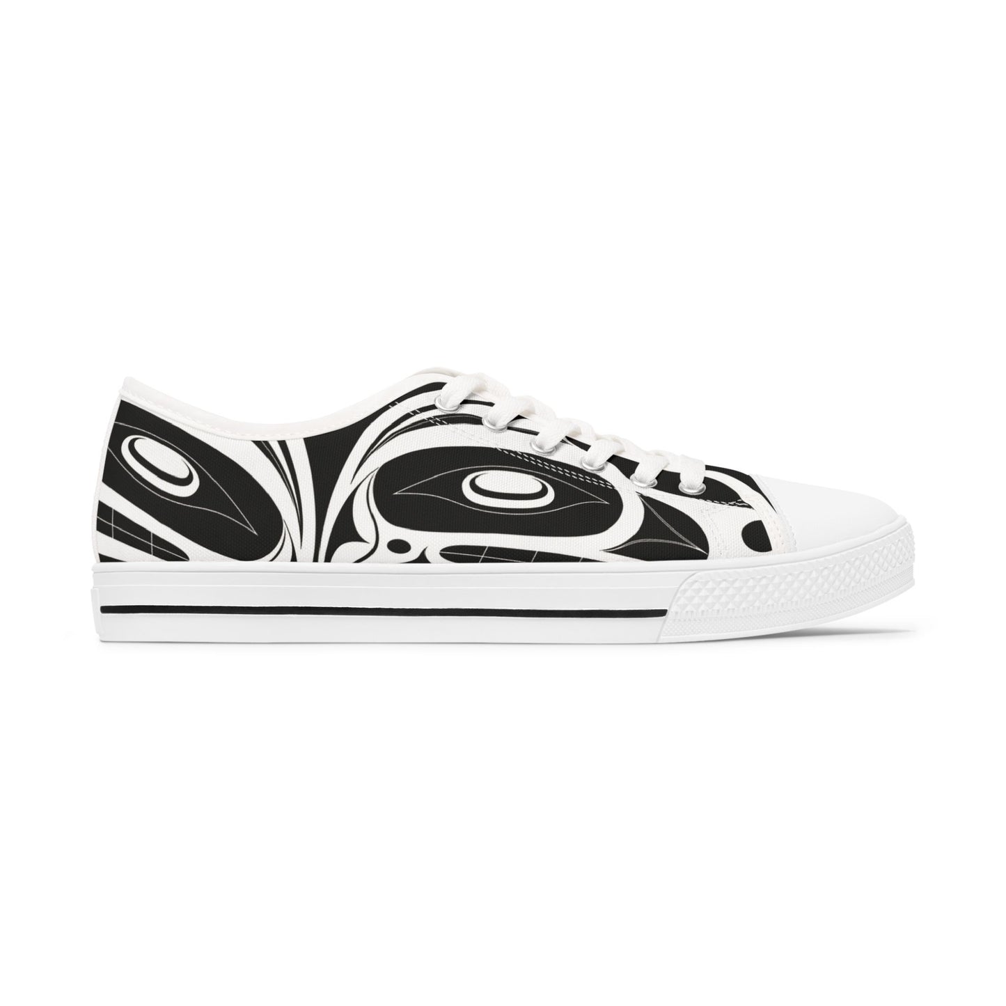 Women's Black and White Low Top shoes with White Wolf design by Joshua Watts