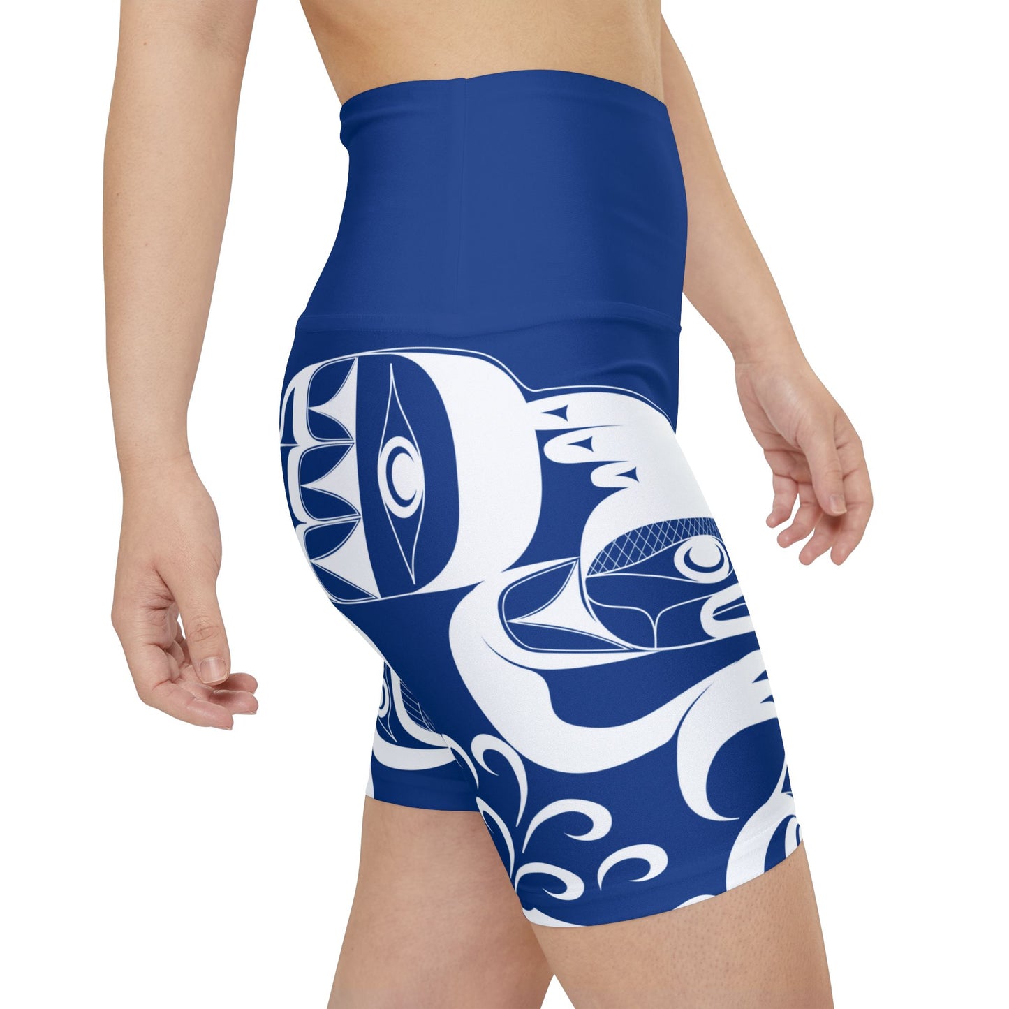 Blue Biker Shorts with “Whale Hunt” design by Joshua Watts