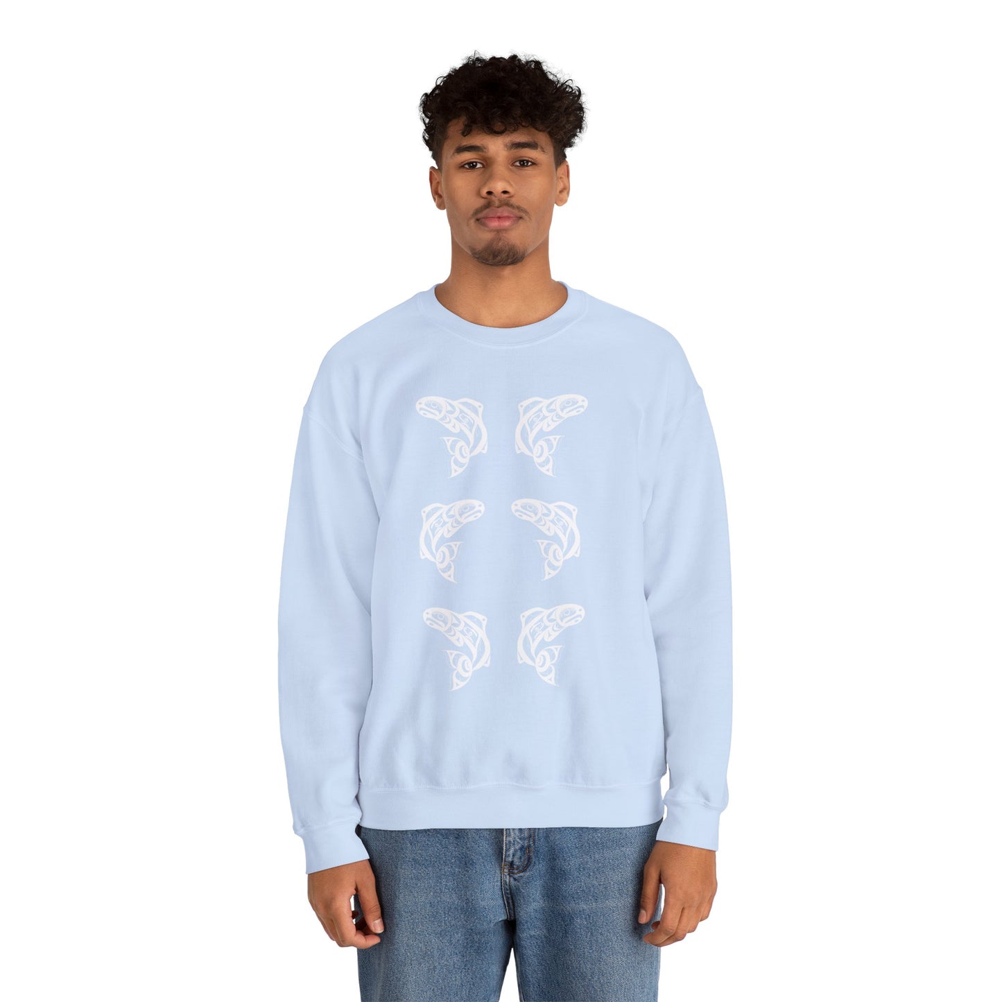 Unisex Crewneck Pullover sweatshirt with White “Salmon Run” design by Joshua Watts