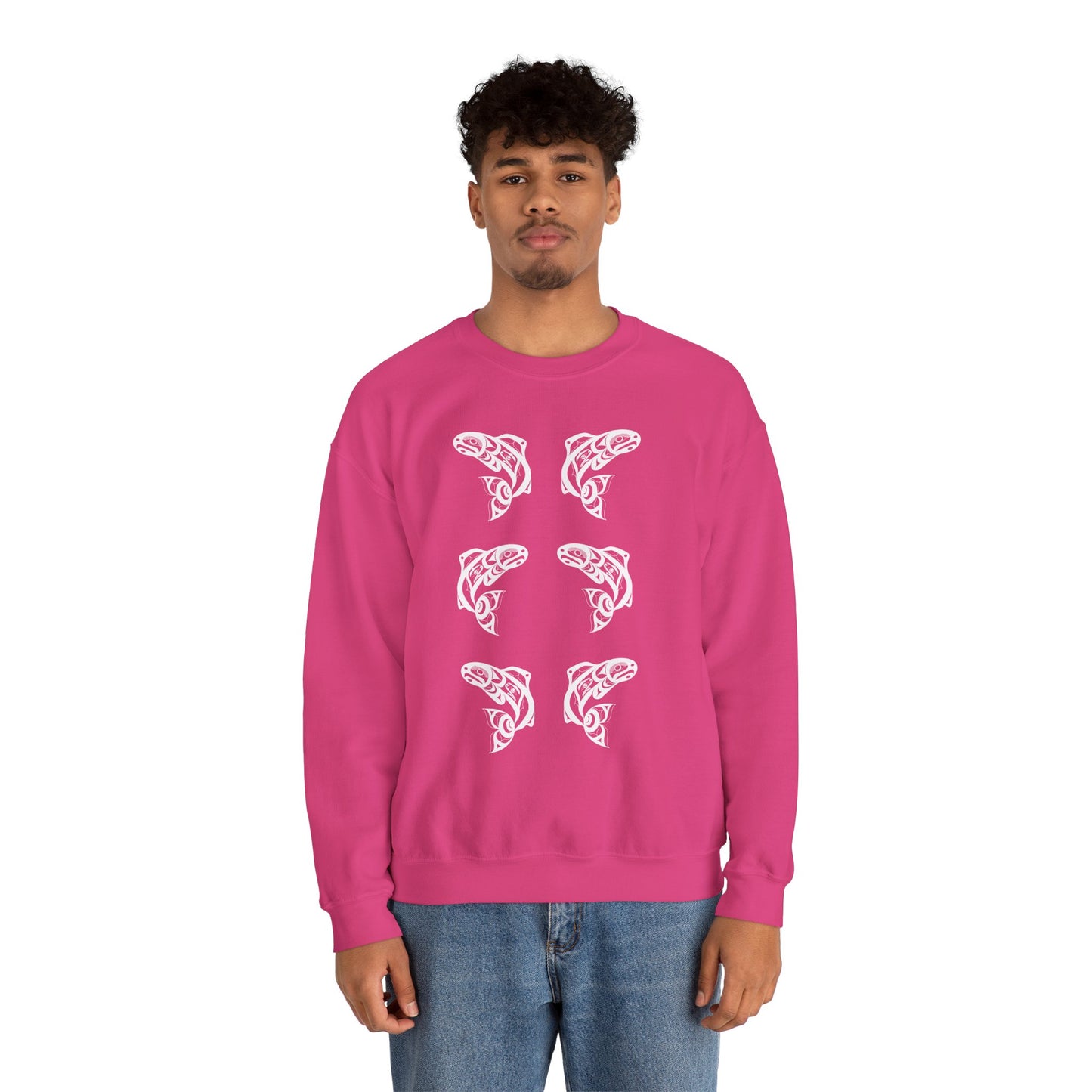 Unisex Crewneck Pullover sweatshirt with White “Salmon Run” design by Joshua Watts